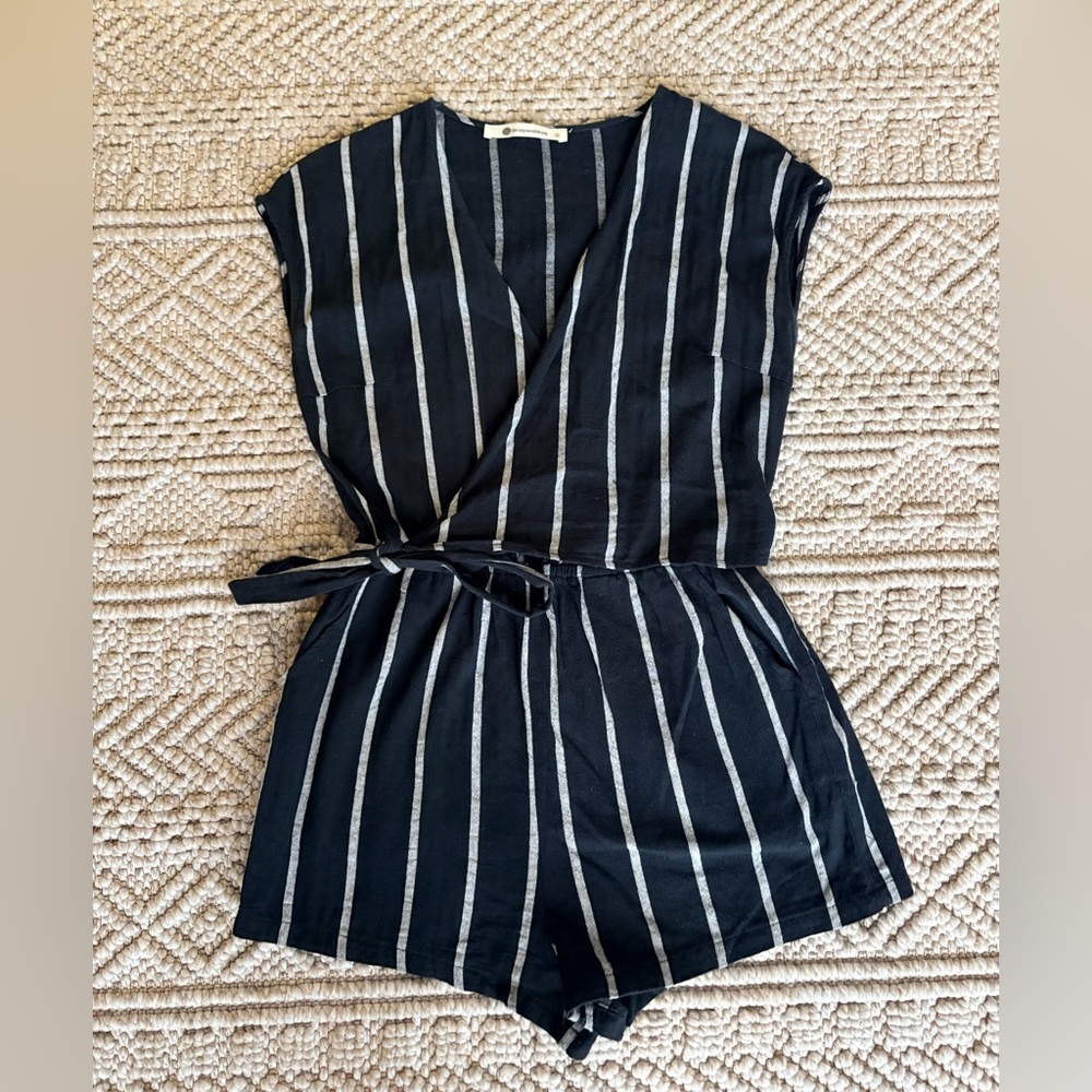 The Impeccable Pig Black White Striped Wrap Romper Size S Tie Waist
